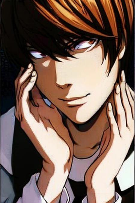 Yagami Light, medium-length brown hair with bangs, hazel eyes,  <lora:lightyagami_10:1>