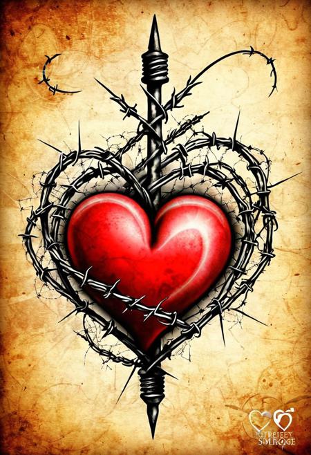 Act as an artist creating a tattoo design. Your client wants a heart tattoo with intertwined barbed wire symbolizing the contrast between good and bad. Incorporate elements that evoke both positive and negative emotions within the design. Ensure the imagery is striking, representing the complexities of human nature and the intertwining of opposing forces. Produce a detailed description of this unique tattoo concept, highlighting how the juxtaposition of the heart, barbed wire, good, and bad can be artistically represented in a visually captivating and thought-provoking manner to create a powerful and symbolic design.