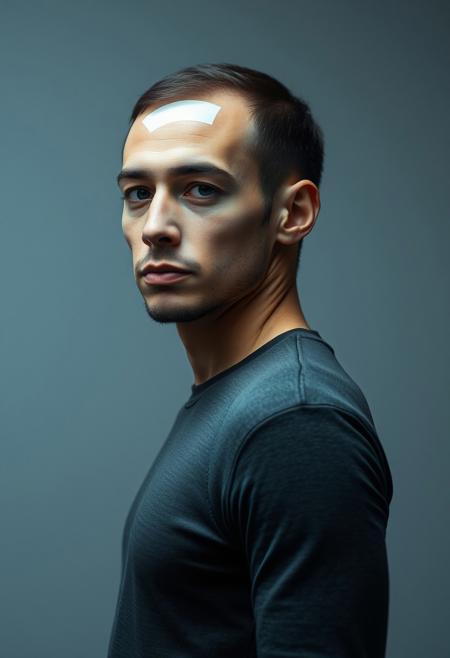 photo portrait of a man stands in front of camera, body slightly turned, looks into camera, high detailed, neutral background, with tiny details of a robot (android) but more as a human, with fully glass futuristic sphere on a head, realistic photo