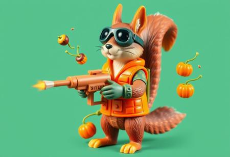 1990s-style action figure toy of an anthropomorphic squirrel dressed as a forest-themed nut defender superhero. The squirrel wears an orange utility vest, forest camo gloves, and goggles, holding a walnut-shell cannon that fires acorn projectiles and confetti nutrient bursts. Stylized accessories mini pumpkin grenades, and a belt of seeds. Bright colors, nostalgic aesthetic, detailed toy design, whimsical and heroic style, bold comic-book shading. Clean background. (No text). Top view. 4:5 aspect ratio --v 5 --style 90s --ar 4:5
