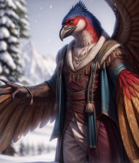 male fantasy art, avian, bird, colorful feathers, detailed body, winged arms, detailed feathers, muscular, clothing, smile, snow background, by personalami, by tojo the thief, photorealistic, elegant, realistic, masterpiece, 4k, sharp focus  <lora:add_detail:1>