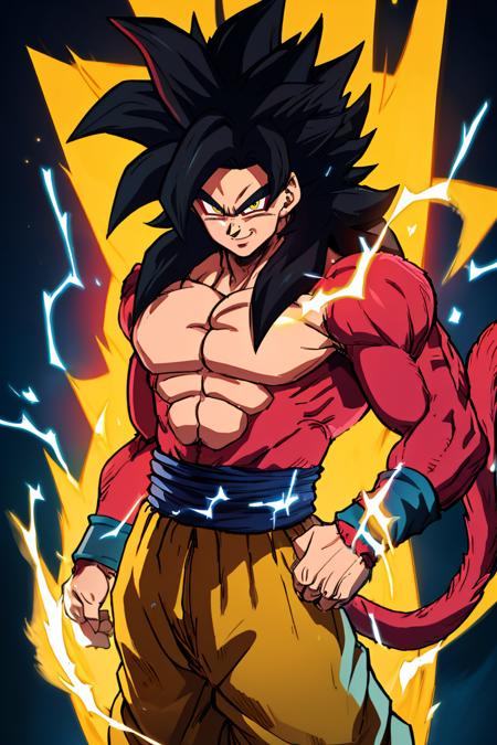  Super_Saiyan_4_Goku, 1boy, male focus, super saiyan, tail, wristband, pants, red fur, black hair energy, aura, electricity, 