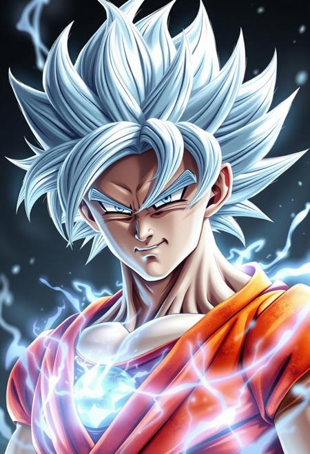 A realistic lifelike full body portrait of Goku in ultra instinct mode reimagined as a real person.   with silver & white hair, silver aura around his body, intense look