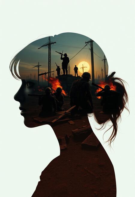 Abstract style dystopian future with elements of an apocalyptic war inside the silhouette of a womans head and shoulders, that is a double exposure photograph . Non-representational, colours and shapes, expression of feelings, imaginative, highly detailed