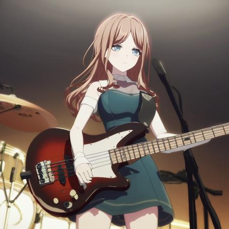 1girl, nagasaki soyo, playing bass on stage, lights, a unhappy look, masterpiece, latest, vibrant colors, mygo style<lora:mygo_aio_xl_a3_3-000021:1>