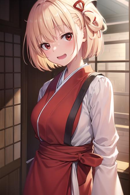 chisatonishikigi, <lyco:chisatonishikigi-lyco-nochekaiser:1>, 
nishikigi chisato, short hair, bangs, blonde hair, (red eyes:1.5), hair ribbon, one side up, bob cut, <lora:smirkingeye_v100:1>, <lora:smirkingmouth_v100:1> open mouth, smile,
BREAK japanese clothes, kimono, apron, red ribbon, waitress, red kimono,
BREAK indoors, cafe,
BREAK looking at viewer, (cowboy shot:1.5),
BREAK <lyco:GoodHands-beta2:1>, (masterpiece:1.2), best quality, high resolution, unity 8k wallpaper, (illustration:0.8), (beautiful detailed eyes:1.6), extremely detailed face, perfect lighting, extremely detailed CG, (perfect hands, perfect anatomy),