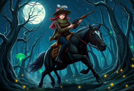 2. Moonlit Pursuit Through Ghost Pines
*A hyper-realistic anime-style painting of Calamity Jane, she is a 24-year-old female, tall and slender with long legs, green eyes, pale skin, she wears a wide-brimmed hat, a scarf, a jacket with geometric patterns, black pants, and high black boots. She has red hair tied up in the back with a feather. She rides Dakota at full gallop through a haunted forest of twisted, silver-barked trees, their branches clawing at a star-streaked indigo sky. Bioluminescent fungi pulse along the roots, casting eerie green and blue light on her determined face. Her guns are drawn, smoke trailing from the barrels as spectral bandits dissolve into mist behind her. Dakota’s powerful legs are captured mid-stride, veins visible under his jet-black coat, his breath steaming in the cold air. Fireflies swirl around them like embers, adding to the surreal glow.*