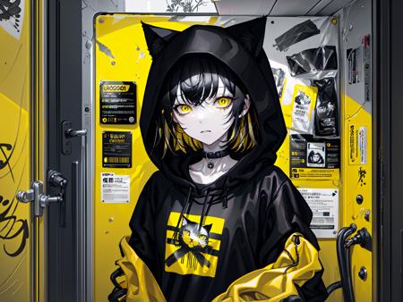 (best quality, masterpiece), (1girl, solo, cat ear black hood, standing, yellow eyes, black hair, leaning, upper body), (less light, black yellow room, Yellow graffiti behind, disorderly spray cans),