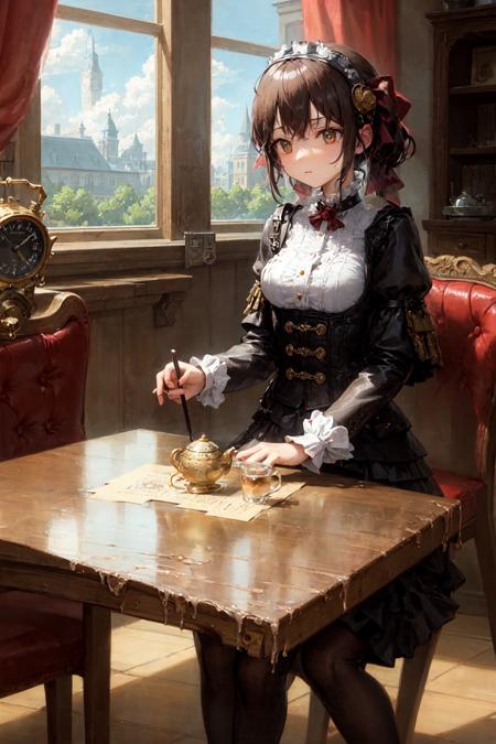 masterpiece, best quality, ultra-detailed, illustration, 1girl, solo, indoors, daytime, steampunk, clock, cafe, brown hair, top hat, goggles, corset, long skirt, boots, pocket watch, vintage, antique, brass, metal, gears, machinery, clockwork, clock tower, ornate, elegant, classic, sophisticated, refined, poised, contemplative, thoughtful, curious, mysterious, enigmatic, watchful, intelligent, bookish, coffee, cake, pastry, teapot, cup, saucer, table, chair, wallpaper, chandelier, window, sunlight, shadow, contrast, perspective, depth, texture, detail, realism, impressionistic, expressionistic, abstract, surrealistic, innovative, experimental, unique, atmosphere, ambiance, mood, nostalgia, historical, cultural, technological, industrial, fantasy, imagination, creativity, artistry, craftsmanship, skill, precision, detail, composition, balance, harmony, rhythm, color, light, shadow, reflection, refraction, tone, contrast, foreground, middle ground, background, vanishing point, horizon line, focal point, naturalistic, figurative, representational.