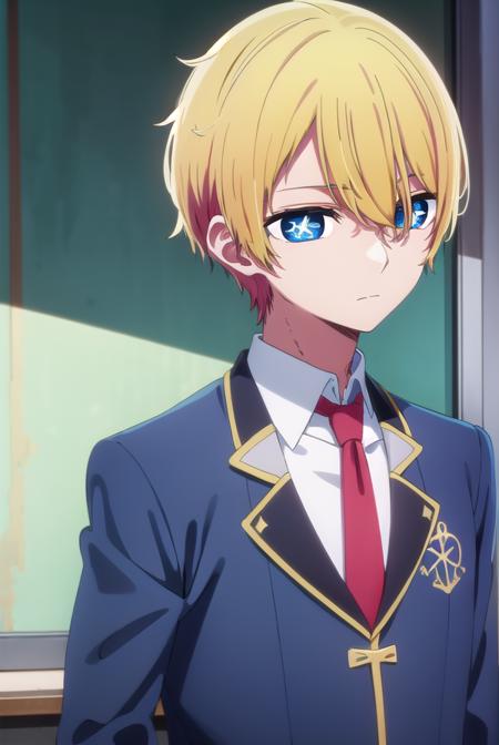 aquamarinehoshino, <lora:aquamarine hoshino s1-lora-nochekaiser:1>,
aquamarine hoshino, blue eyes, blonde hair, hair between eyes, (symbol-shaped pupils:1.5), 1boy, male focus,
BREAK shirt, school uniform, jacket, necktie, blazer, red necktie,
BREAK indoors, classroom,
BREAK looking at viewer, (cowboy shot:1.5),
BREAK <lyco:GoodHands-beta2:1>, (masterpiece:1.2), best quality, high resolution, unity 8k wallpaper, (illustration:0.8), (beautiful detailed eyes:1.6), extremely detailed face, perfect lighting, extremely detailed CG, (perfect hands, perfect anatomy),