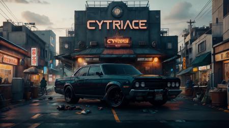 <lora:CyberpunkWorld:1>RAW Photo of CyberpunkWorld a vintage Chevrolet Impala parked in front of a retro diner, cyberpunk, (Masterpiece:1.3) (best quality:1.2) (high quality:1.1)