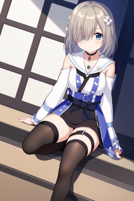 masterpiece,bast quality,official art,8K wallpaper,game cg,isuzurenmagic \(magiarecord\),1girl, blue eyes,hair over one eye,expressionless, hair ornament, grey hair, short hair, hair flower,sitting, choker, black choker, shoulder cutout, dress,, multicolored clothes,black shirt,white footwear,full body,blue gemstone, thigh strap, single thighhigh, mismatched legwear, black thighhighs, single thighhigh, <lora:ringmag2:1:1,0.1,0.1,0.1,0.1,0,1,0,0.8,1,1,0,0,0,0,0,0>