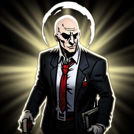 1man, 1guy, bald, hitman \(game\), agent_47, formal suit, (black suit:1.3), black formal suit, (red necktie:1.2), (white shirt:1.3), handgun, holding handgun, (darkest dungeon, virtue:1.2) <lora:DarkestDungeon_virtue:0.7>