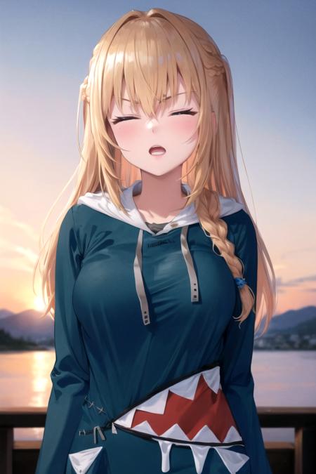 (highly detailed:1.3),
closed eyes, long hair blonde, bangs, open mouth, upper body, v-shaped eyebrows, braid, =_=, hair between eyes, ggcosplay, long sleeves, sunset, scenery, 
Ultra-detail,(highres:1.1),best quality,(masterpiece:1.3), cinematic lighting,  <lora:otakoGuraCos:1>