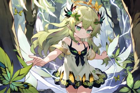 (pixiv masterpiece), masterpiece, best quality,
1girl, cute, kawaii,solo,  flat chest, green hair, clover hair ornament, long hair, disheveled hair, messy hair, closed mouth, angel, green light magical runes between the forehead, lightning halo,  blank stare, standing,  butterfly, off shoulder Strapless dress, green dress, jewelry, necklace,  magic gem,
surrounded_by_floating_leaf, jungle, many trees,  (flying feathers:1.3), face focus., masterpiece, best quality
<lora:yijiang3.0:1><lora:GoodHands-vanilla:1>