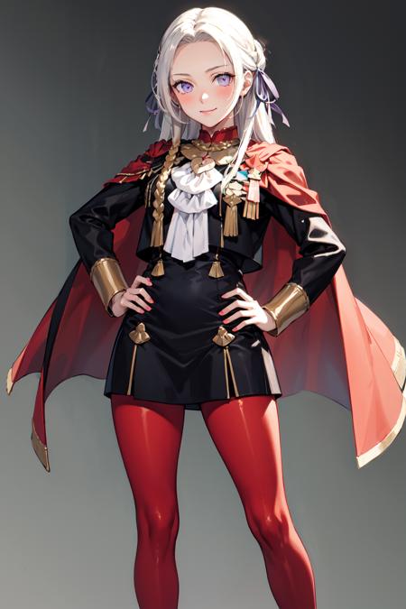 <lora:Edelgard-03:1>, edelgard, 1girl, long hair, purple eyes, solo, looking at viewer, cape, hair ornament, ribbon, uniform, simple background, hand on hip, standing, red pantyhose, garreg mach monastery uniform, smile, blush