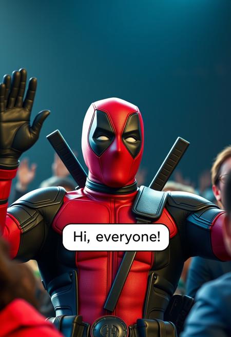 Deadpool waving to the audience, text bubble says "Hi, everyone!", best quality, realistic, cinematic lighting, hyperrealistic, perfect quality