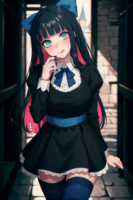 (masterpiece, best quality:1.2), stockingpsg, looking at viewer, blush, large breasts, castle, thighhighs, long sleeves, depth of field, ribbon, hair bow, cowboy shot, tongue, tongue out, blunt bangs, nail polish, black dress, aqua eyes, blue bow, blue nails, arm behind back, :q, dynamic camera, cinematic camera, head tilt, chromatic aberration, specular lighting