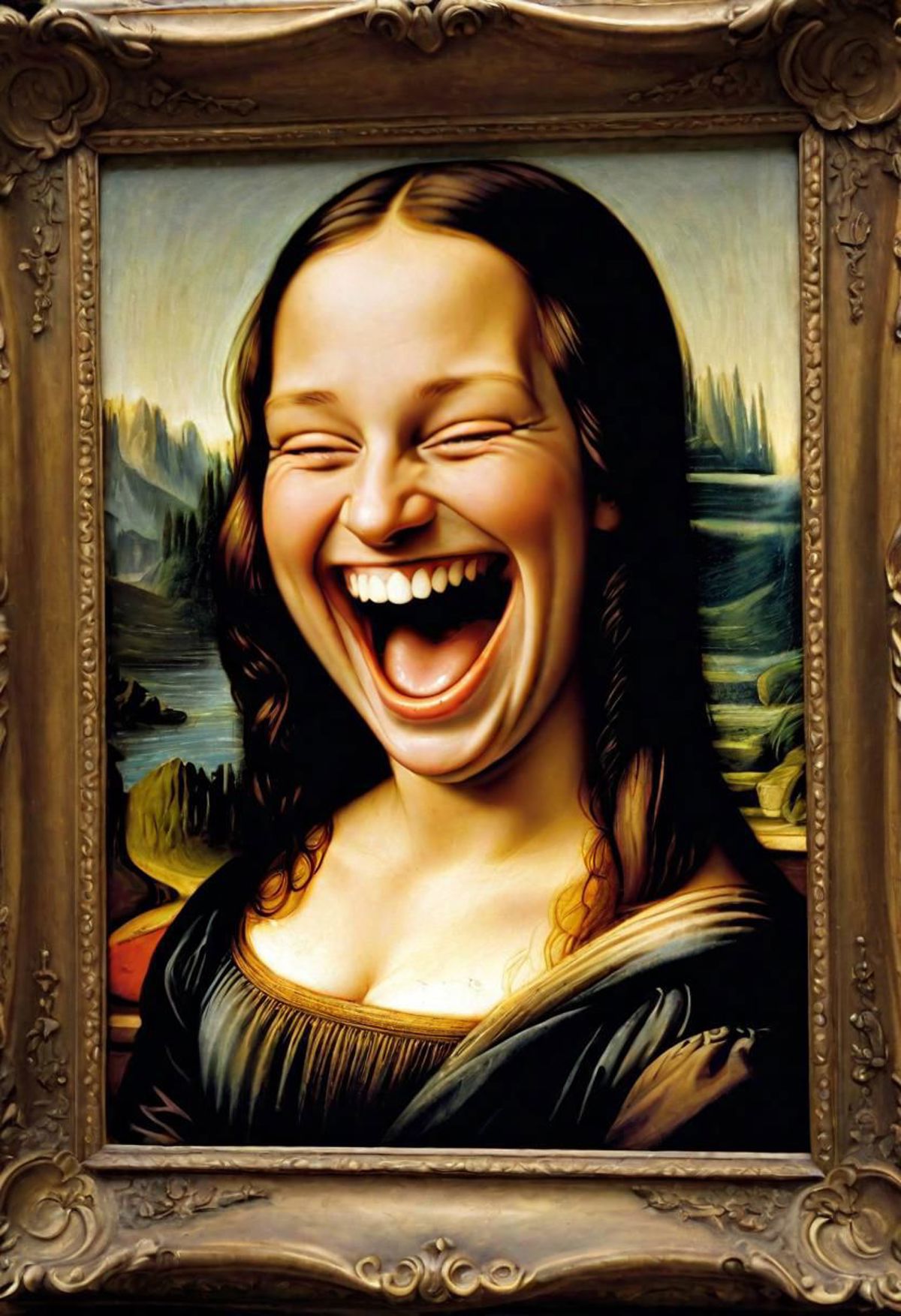 A painting of a woman with a big smile.