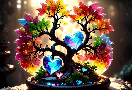 photorealistic, sparkling magical fantasy Magical hearts, made out of transparent multicolored glass, light shines through, magical artifact, very detailed, amazing quality, intricate, cinematic light, highly detail, beautiful, surreal, dramatic, warm colors, This is a bonsai, flx$tyl3
