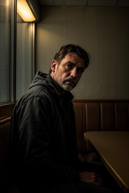 Gritty Portrait Photo of a weary,rugged individual sitting in a sparse,nondescript diner,his eyes betraying a sense of resigned acceptance,illuminated by the stark,fluorescent light overhead,from a close-up perspective,showcasing the film's exploration of fate,inevitability,and the changing nature of the world  ,<lora:more_details:0.7>,<lora:picxer_real:0.7>,