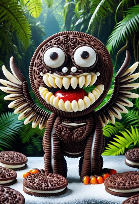 Sweet Delight, ((Creature)) made of creamy cookies, large candy eyes, white sugar sharp teeth, cookie theme, licorice jungle, flying, striking, lively colors, intense colors, picturesque, masterwork, exemplar quality, global illumination, SFW, PG, exquisite detail, digital art, dw01-3400