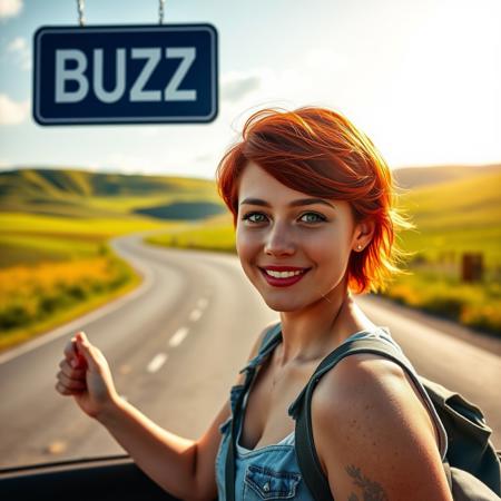 (young woman:1.3), (short red hair:1.2), charming freckles, (bright green eyes:1.4), casual attire, (hitchhiking:1.8), confident smile, (sign "BUZZ":2.0), (sunny road:1.3), gentle hills, lush fields, (atmosphere of freedom:1.4), anticipation, sunlight, vibrant colors, (adventure:1.5), photorealistic, (ultra-detailed:1.5), (hyper-realism:1.6), (natural lighting:1.4), (realistic skin texture:1.5) <lora:Flux:1>