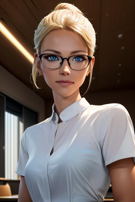 highres, masterpiece, perfect lighting, bloom, cinematic lighting, upper body, marion_rousse, blonde girl, 25yo,in a classroom, (glasses), black sirkt, white shirt, weared as teacher, hair bun, blonde hair,  blue eyes<lora:marion_rousse:1>,<lora:more_details:0.3>