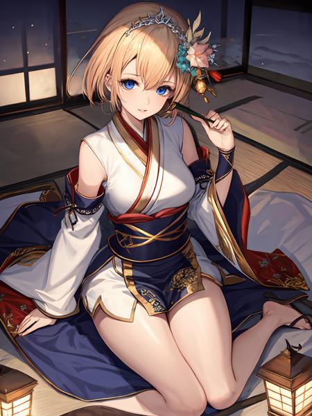 masterpiece,best quality,highres,cinematic lighting,dramatic angle,<lora:ShadowverseAureliaV2:0.8> ,blonde hair,hairband,hair ornament,hair flower,japanese clothes,bare shoulders,detached sleeves,wide sleeves,portrait,close-up,tabi,sandals,sash,looking at viewer,smile,blue eyes,parted lips,sitting,from above,teacup,seiza,tatami,bare legs out,thick thighs