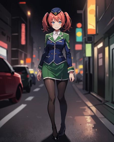 best quality, (masterpiece:1.2), illustration, absurdres,
(1girl, solo), (beautiful detailed girl),
<lora:Fran-07:0.7>, Fran Seeker, blue eyes, small_breasts, red hair, twintails,
garrison cap, uniform, suit, green miniskirt, black pantyhose, green high heels,
city street, modern city, neon lights, night, (cyberpunk:0.8),,
on side,
full body shot,,
happy, looking at viewer