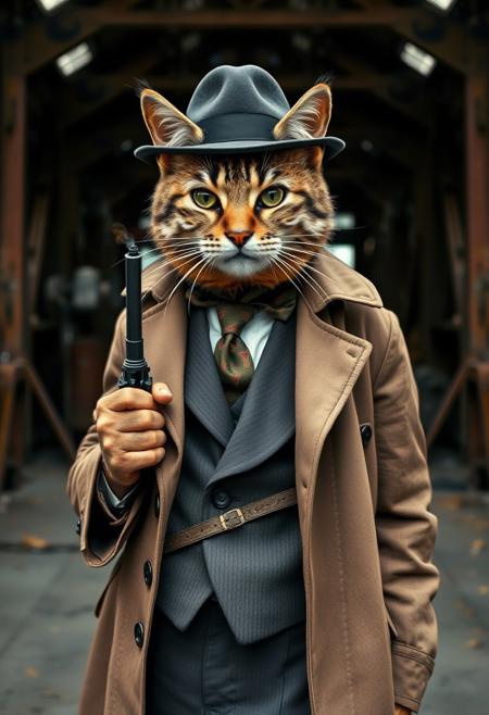 A "maine coon" cat wearing a 1920's trenchcoat, suit and tie, borsalino hat, great depression vibes, holding a gun, smoking a cigarette, abandoned factory background, looking at viewer, masterpiece, 4k, highly detailed, best quality,