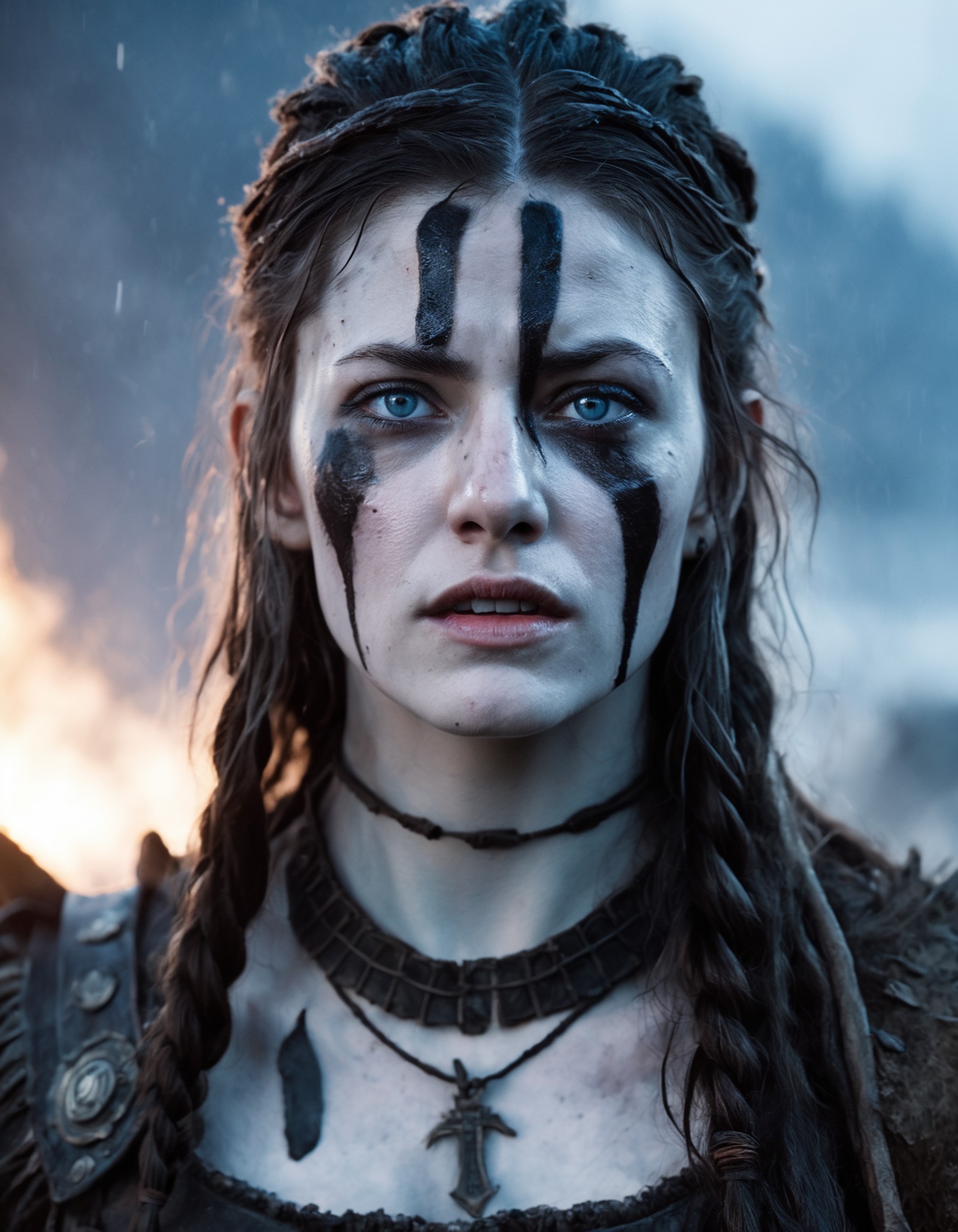 cinematic photo Close-up of ((ohwx woman)) in Hellblade: Senua's Sacrifice, emerging from black mud, long hair with dreads...