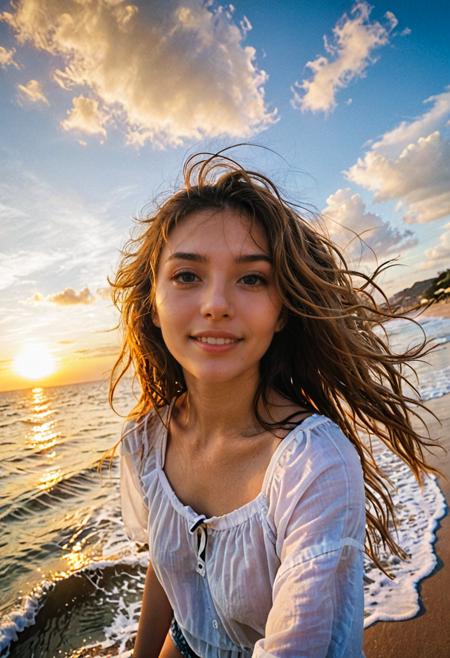 Masterpiece, best quality, 1 girl, fisheye, sea, wind, messy hair, sunset, beach, beautiful face, (aesthetic and mood: 1.2), long hair, light smile, happiness, shallow depth of field, looking up, (full body)
 <lora:FF.102.colossusProjectXLSFW_49bExperimental.LORA:0.7>
 <lora:add-detail-xl:0.7>