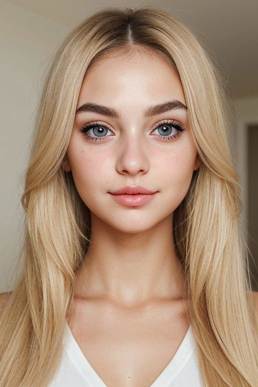 create a blonde girl with a facial structure of beautiful eyes with maintained eyebrows, a small size nose, natural browni...