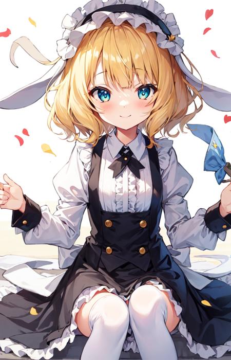 masterpiece,(ultra-detailed), 1girl, kirima syaro, fleur de lapin uniform, floppy ears, fake animal ears, puffy sleeves, frilled hairband, frilled apron, white thighhighs, cafe,  small breasts, smile <lora:kirima_sharo_v1:0.8>