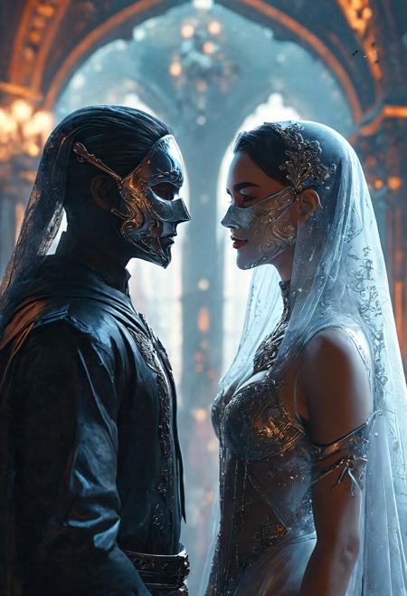 two souls standing facing each other with the veil between them they all wear masks, Trending on Artstation, octane render, ultra detailed, art by Ross tran<lora:add-detail-xl:1> <lora:MJ52:0.5>