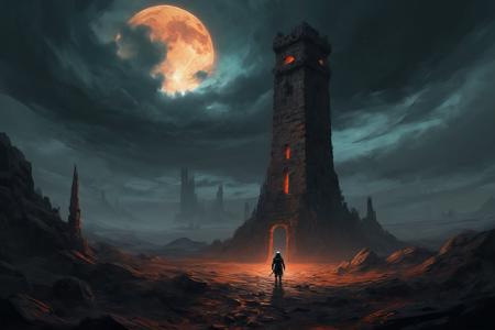 A digital painting depicting a dark and sinister landscape and eclipse inspired by the Dark Souls and Grimdark aesthetic. A solitary astronaut, standing before a malevolent ancient tower. The tower is etched with mysterious, luminous runes and encircled by floating, ominous rocks. Overhead, the sky churns with oppressive clouds hinting at an approaching storm. The terrain is harsh, strewn with sharp rocks, and permeated with a sense of desolation. The color scheme is dominated by dark grays, deep oranges, and intermittent flashes of teal from the glowing runes. The digital art style should be detailed and atmospheric, with strong contrasts, intricate textures, and a palpable sense of decay and forgotten lore.
