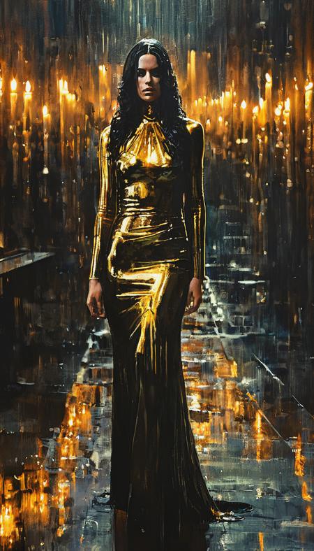 (high perspective close-up view:1.8), dark gold theme, psychedelic, dark noir style, <lora:AshleyWoodArtAILccp:1> AshleyWoodArtAI <lora:greg_rutkowski_xl_v1:1> Greg Rutkowski, (((detailed beautiful face, portraite of a beautiful female in liquid gold long liquid dress on the street))), long black hair, symmetry eyes and iris, wet, looking at viewer, (a bunch of candles around in dangeon:1.8), huge liquid gold oil splash and droplets, on black oil skyscrapers stage, wind, black oil rain, colorful, luminism, bioluminescence, studio lighting, hyper detailed, (masterpiece, best quality:1.4), absurdres, vibrance, ray tracing reflection, sharp focus, shallow depth of field detailed background, (ultra realistic:1.2), 16k resolution.