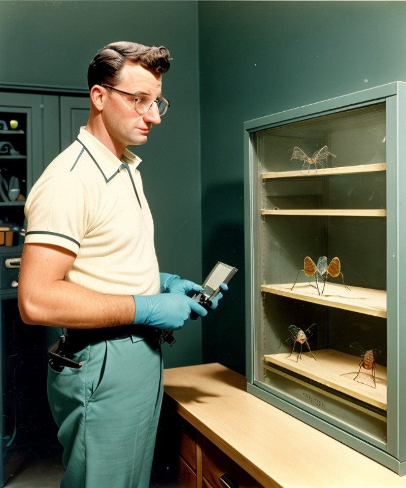 The  geeky  exterminator,  inspecting some bugs, 1957 color portrait