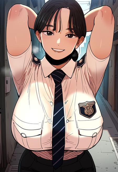 black hair, black eyes, long hair, brown hair, brown eyes black hair, black eyes, brown hair, brown eyes, single hair bun black jacket, white sweater, turtleneck, pencil skirt, black skirt police uniform, white shirt, collared shirt, breast pocket, striped necktie, black pants