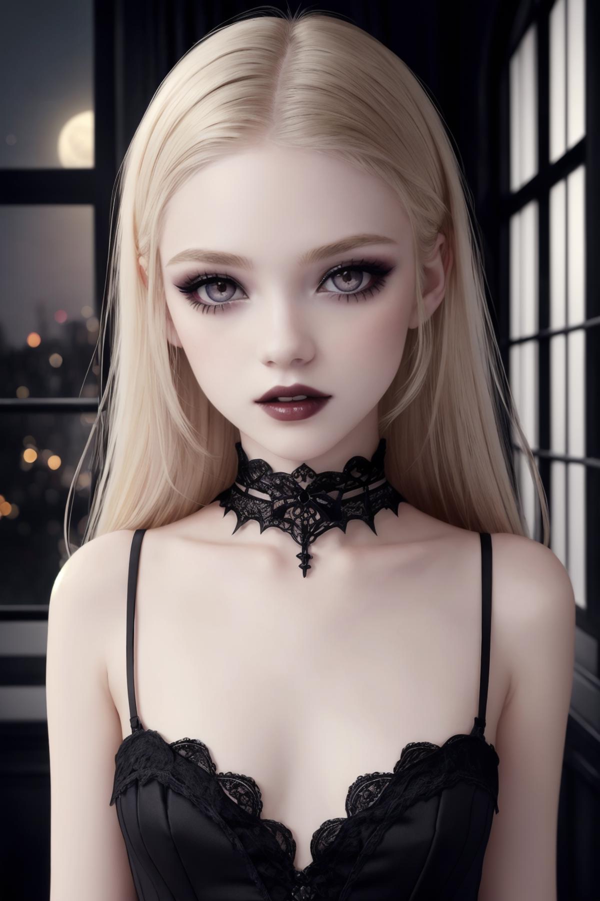 White-skinned doll with black hair, lips, and eyelashes wearing black lingerie and a black choker.