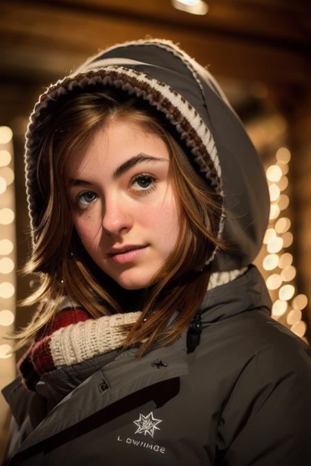 a beautiful young woman <lora:ariaSki:1> snuggling inside on a cold day at the ski lodge, RAW, UHD, 8K, short brown hair, perfect face, highly detailed face, upper body, close up, candid, amateur, adorable smile