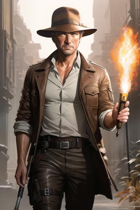 (extremely detailed CG unity 8k wallpaper), full shot body photo of the most beautiful artwork of indiana jones holding a torch, torn jacket, nostalgia professional majestic oil painting by Ed Blinkey, Atey Ghailan, Studio Ghibli, by Jeremy Mann, Greg Manchess, Antonio Moro, trending on ArtStation, trending on CGSociety, Intricate, High Detail, Sharp focus, dramatic, photorealistic painting art by midjourney and greg rutkowski