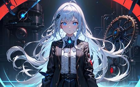 (best quality, masterpiece), (1girl, solo, dress shirt, jacket, expression face, standing, looking at viewer, blue eyes, long hair, upper body), (black room, glowing blue electromagnetic wave clock behind, blowing wind, glowing red chain ring behind,cogwheels, clockwork),