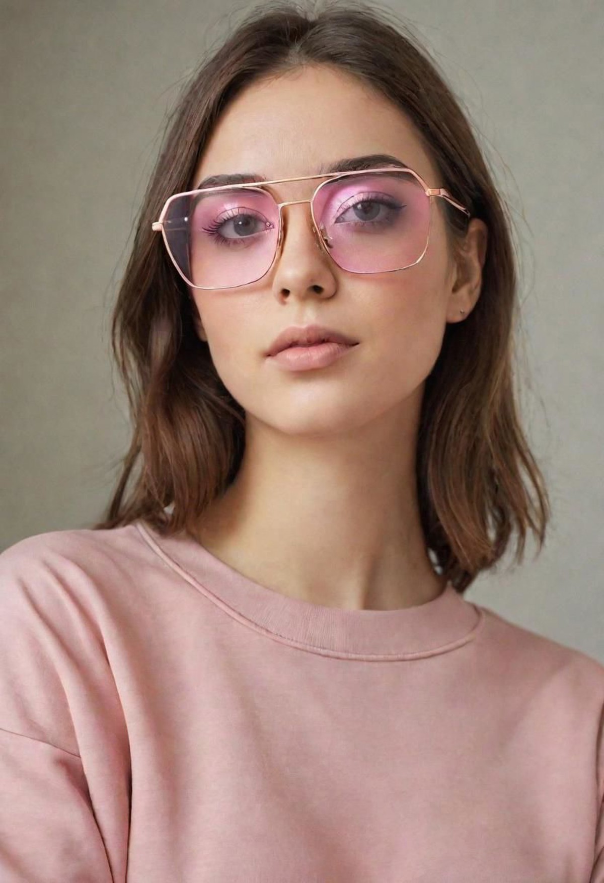 Brown haired 28 years old woman is watching to viewer, wearing rose gold glasses (square edge in the top on the outer side...