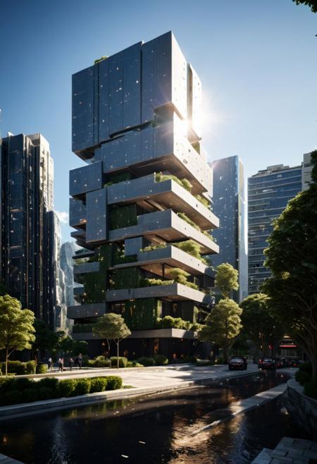 (((Modern style architecture, housing, luxury residence))),
outdoors, sky, tree, blue sky, no humans, ground vehicle, building, scenery, reflection, city, cityscape, bare tree, skyscraper, real world location,
(Large Files, Ultra Realistic, 8K, 16k, FHD, HD, VFX, Perfect, Photography, composition, Architecture Sales Photography, Architecture Competition, Ultra High Resolution, Cinematography, High Resolution Image:1.1), (dramatic lighting, direct sunlight, ray tracing, clear shadow:1.2), (real landscape:1.1), (blurred background:1.0), (urban background, more_details)  
(avant-garde, future, reality, science fiction, photorealistic), (modern architecture:1.2), White limestone with black granite, fountain, waterfall, landmark, square, path, narrow street,
(Large Files, Ultra Realistic, 8K, 16k, FHD, HD, VFX, Perfect, Photography, composition, Architecture Sales Photography, Architecture Competition, Ultra High Resolution, Cinematography, High Resolution Image:1.1), (dramatic lighting, direct sunlight, ray tracing, clear shadow:1.2),  (real landscape:1.1), (blurred background:1.0), (urban background, more_details) ,
great lighting, extremely detailed, clear, SteamPunk, futuresurban