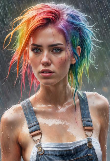 richly detailed colored pencil 3D illustration of a grungy woman with rainbow hair, drunk, angry, soft eyes and narrow chin, dainty figure, long hair straight down, torn overalls, basic white background, side boob, in the rain, wet shirt,. mirrored background with completely rendered reflections, art by Range Murata and Artgerm.