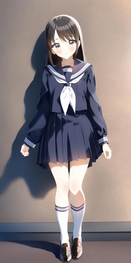 1girl, school uniform, serafuku, neckerchief, sailor collar, pleated skirt, bare legs, thighs, shoes, socks,
full body, standing,
 <lora:PentagonRailgunStyle:1>,
simple background, white background,