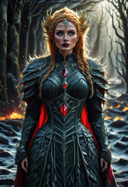 ObsidianSand, nbn-freyja, (ObsidianSand background:2), indoors, standing, 1woman, solo, long hair, black choker, eyeliner, gorgeous lips, covered breasts, cinematic, best quality, ultra-detailed, very aesthetic, (natural eyes:1.4), freckles, aloof, (masterpiece:1.1), small waist, fitness body, wide hips, 32 years old, golden blond hair, censored, (big stained glass windows:1.4), (ObsidianSand Victorian dress:1.6), (red ruby clothes:1.6), high end closure, Evil Queen, cinemascope, moody, epic, gorgeous, film grain, natural hands, red elbow gloves, knee boots, dramatic, ritual magic, freyja, auburn hair, braided hair, magic, forest, Viking queen, mythic beauty, feathered cloak, fur, armor, robe, braid, rune jewelry, photorealistic, cinematic, flowers, jewelry, photorealism, cinematic lighting, high fantasy, mythic portraiture, soft background, northern folklore aesthetic, (fully dressed:2), (RAW photo), 4K, best quality, realistic, photorealistic, masterpiece, extremely detailed, an extremely delicate and beautiful, dynamic, realistic anatomy, candle lighting, perfect shading, professional shading, depth of field, great lighting, goth wedge boots, elegant, gorgeous, highly detailed, detailed fluorescent hair with dark roots, 35mm, f1.4, dark lipstick, full shot photo, perfect face, perfect anatomy, cute, beautiful, perfect beauty, amazing beauty, absolutely perfect, perfect skin, gentle, highly detailed, breathtaking, clear skin, (ObsidianSand clothes:2.6).