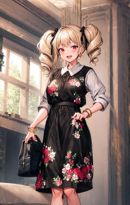 1girl, short dress, blonde_hair, :d, bag, bangs, black_dress, bracelet, dress, drill_hair, earrings, floral_print, hair_ribbon, handbag, indoors, jewelry, long_hair, looking_at_viewer, open_mouth, red_eyes, ribbon, smile, solo, standing, twin_drills, twintails, window <lora:style_LM7:1>